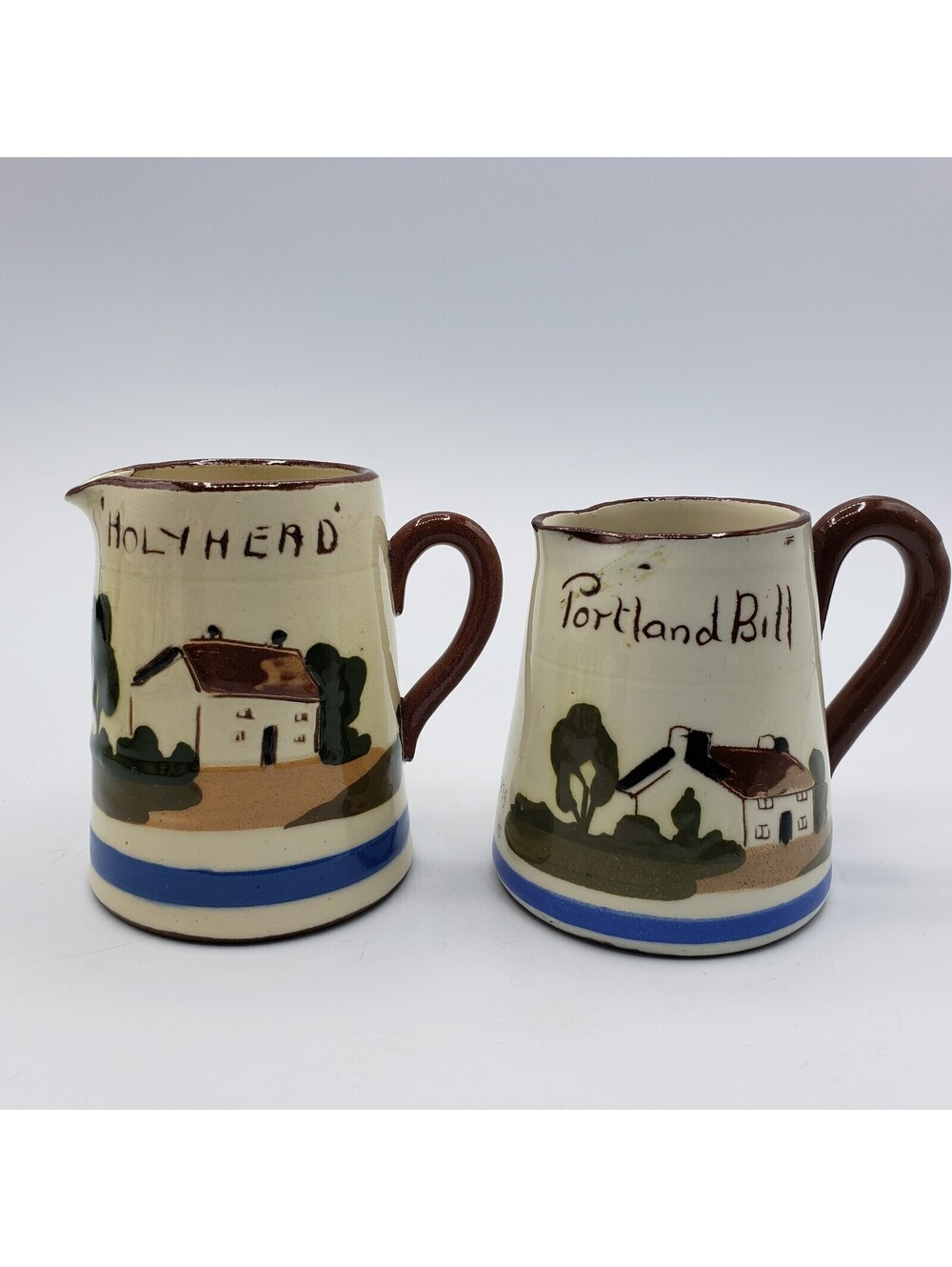 Vintage Torquay Pottery Motto Ware Small Creamer Milk Jugs Pitchers Set of 2